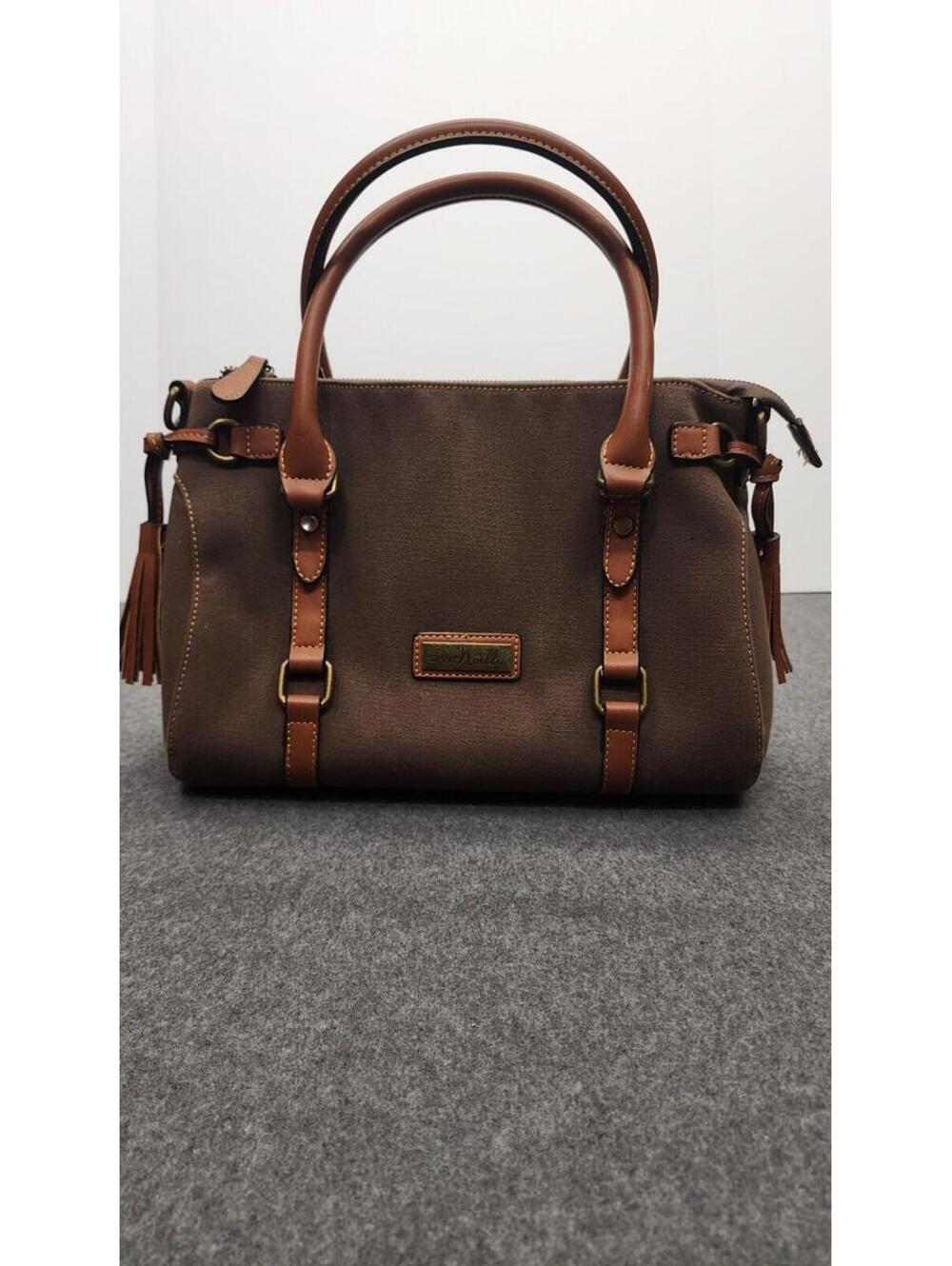 Simply Noelle Dark Brown W/ Tan Leather Straps Canvas Purse